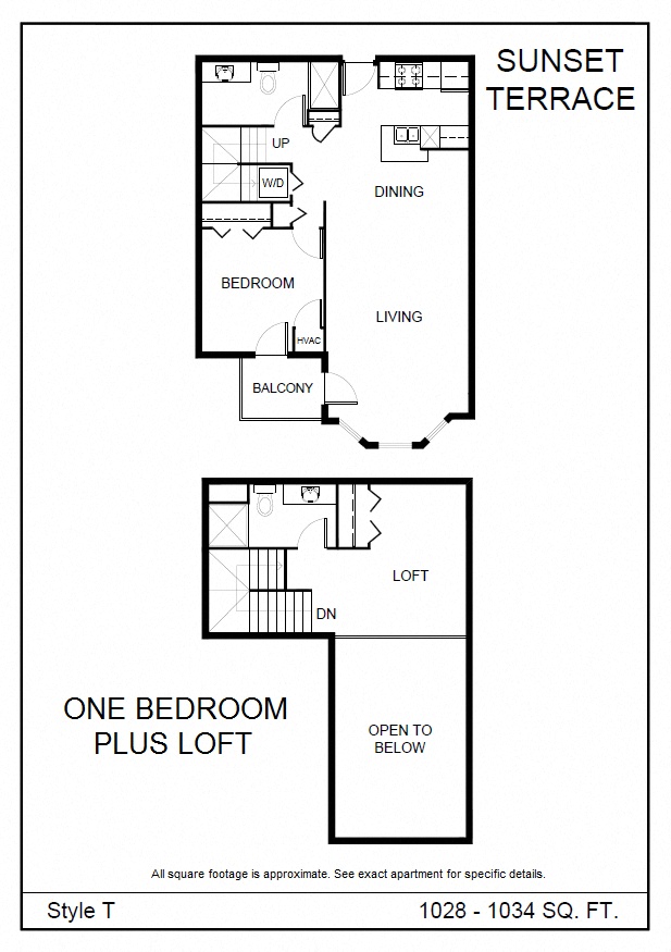 Floor plan for 1 bed, 2 baths, 1034 sqft