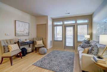 Madison apartment for rent - a living room with a couch and chairs and a rug