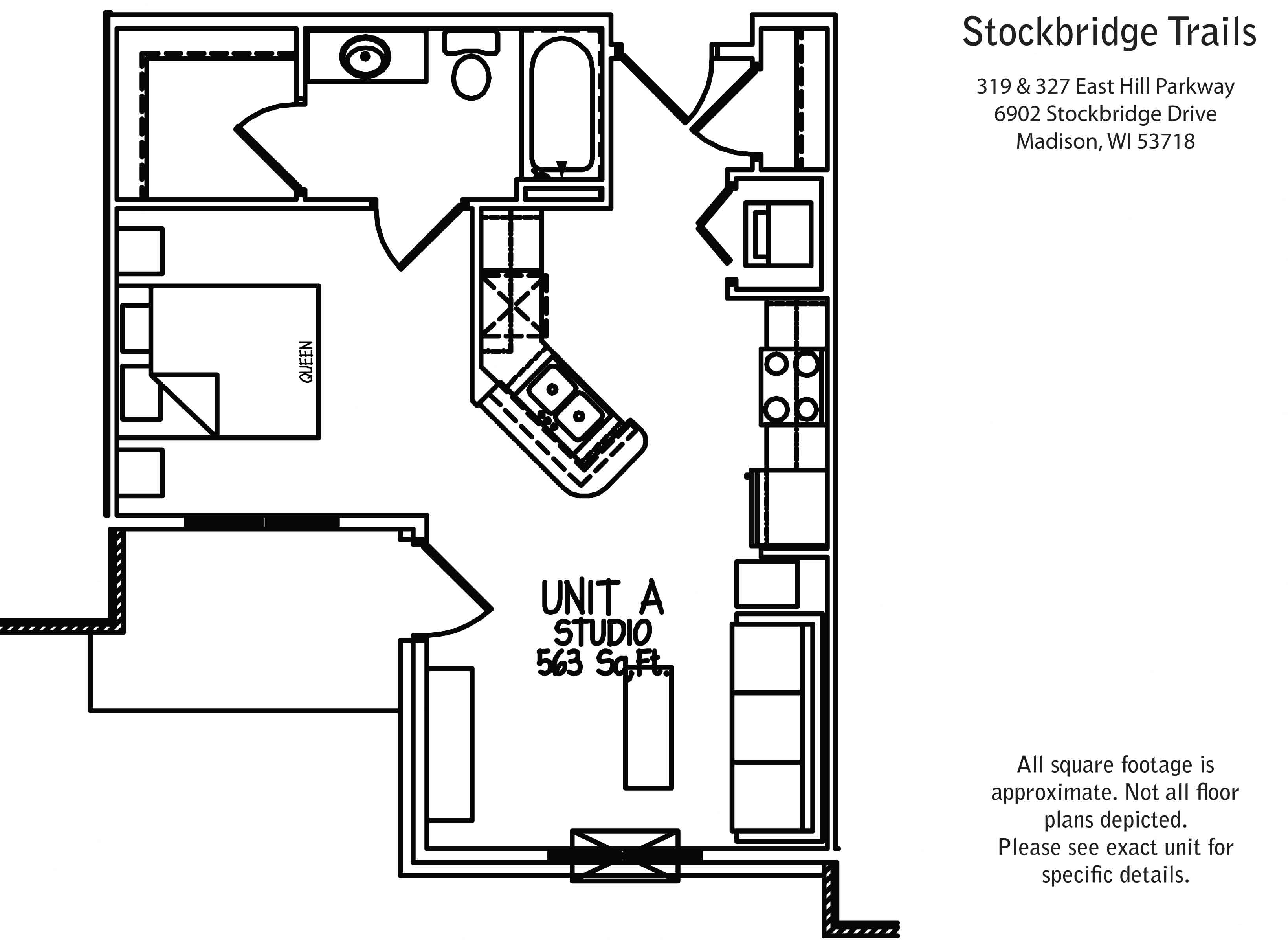 Floor plan for studio, 1 bath, 563 sqft