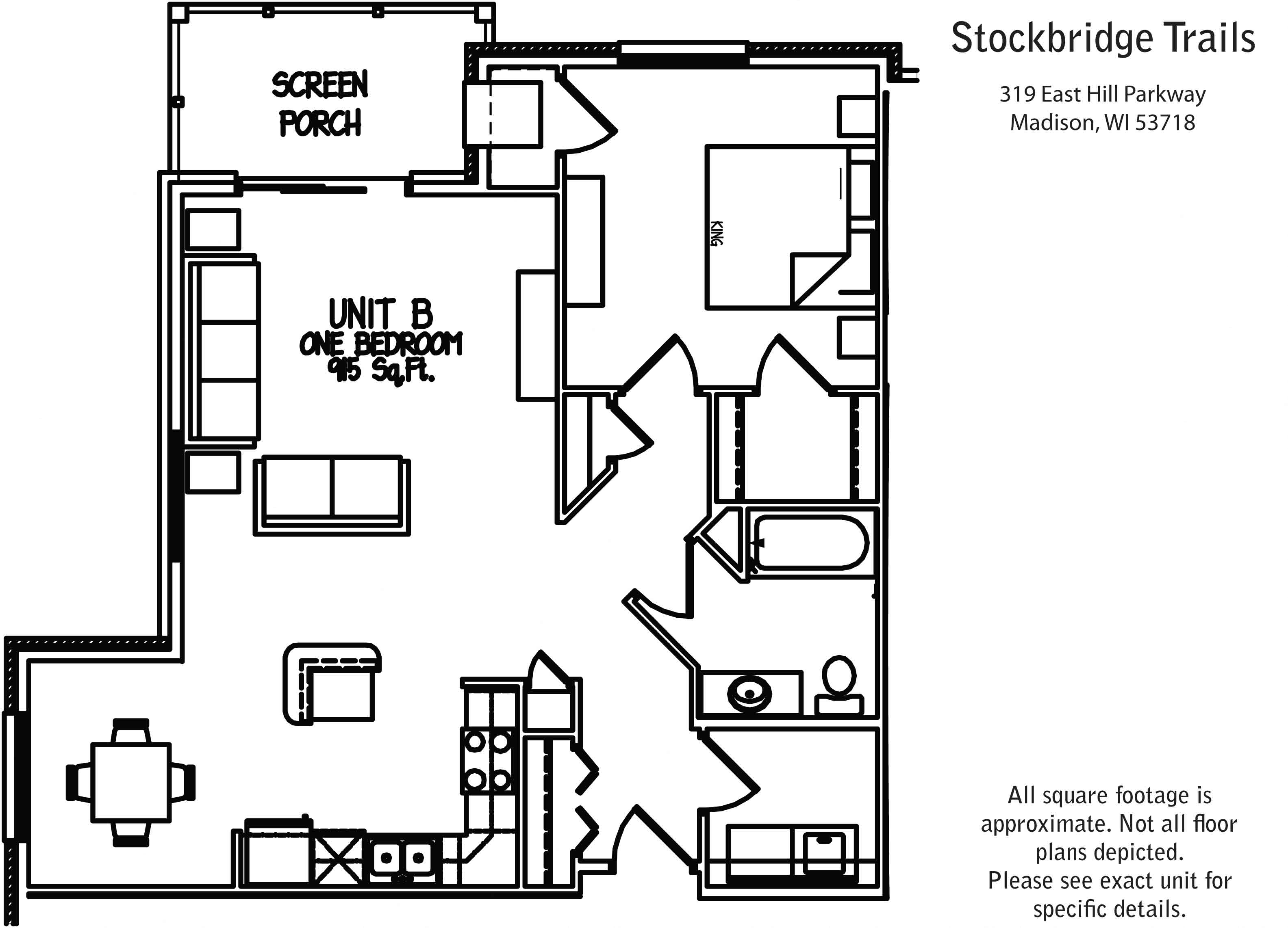 Floor plan for 1 bed, 1 bath, 915 sqft