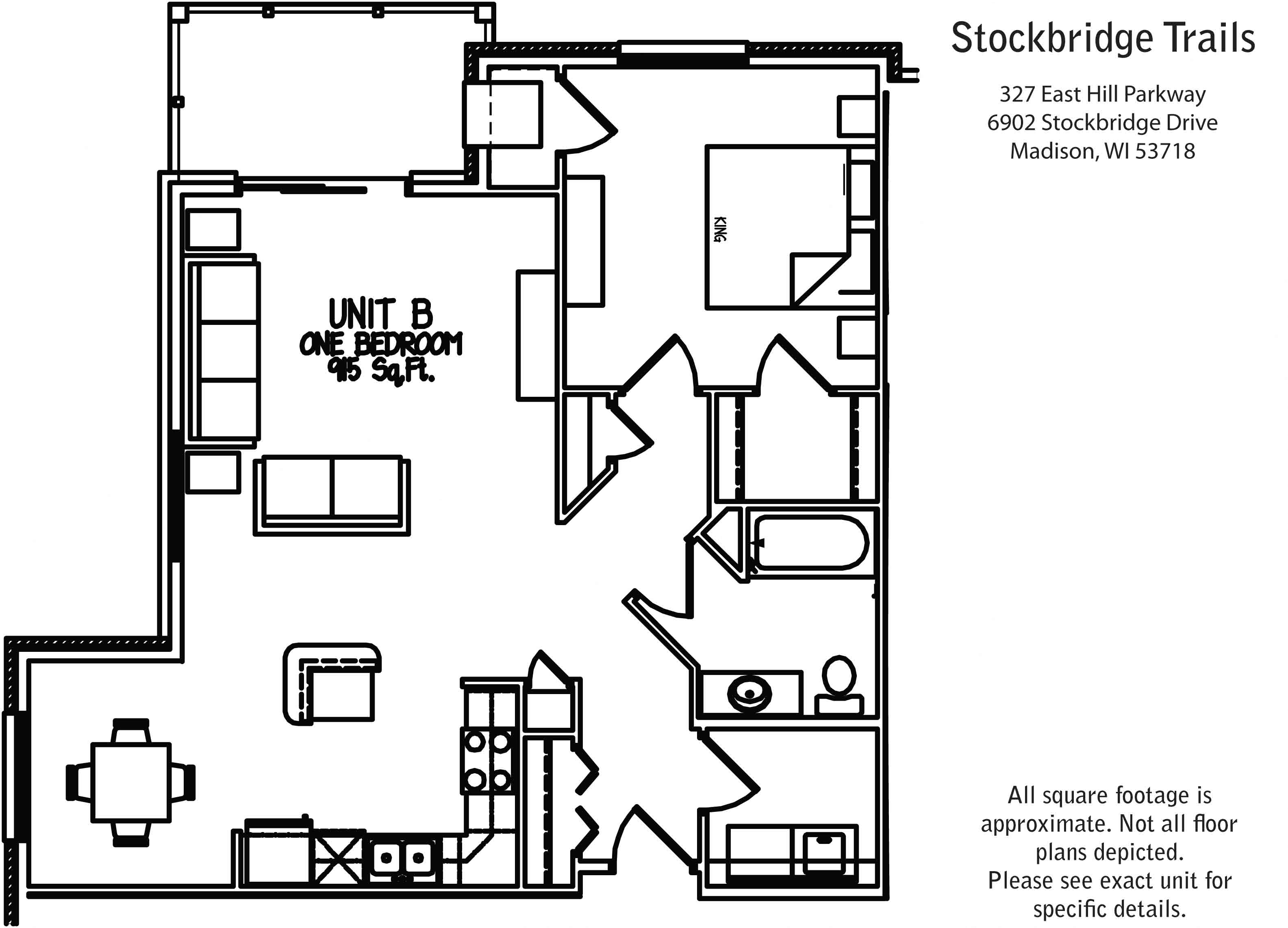 Floor plan for 1 bed, 1 bath, 915 sqft