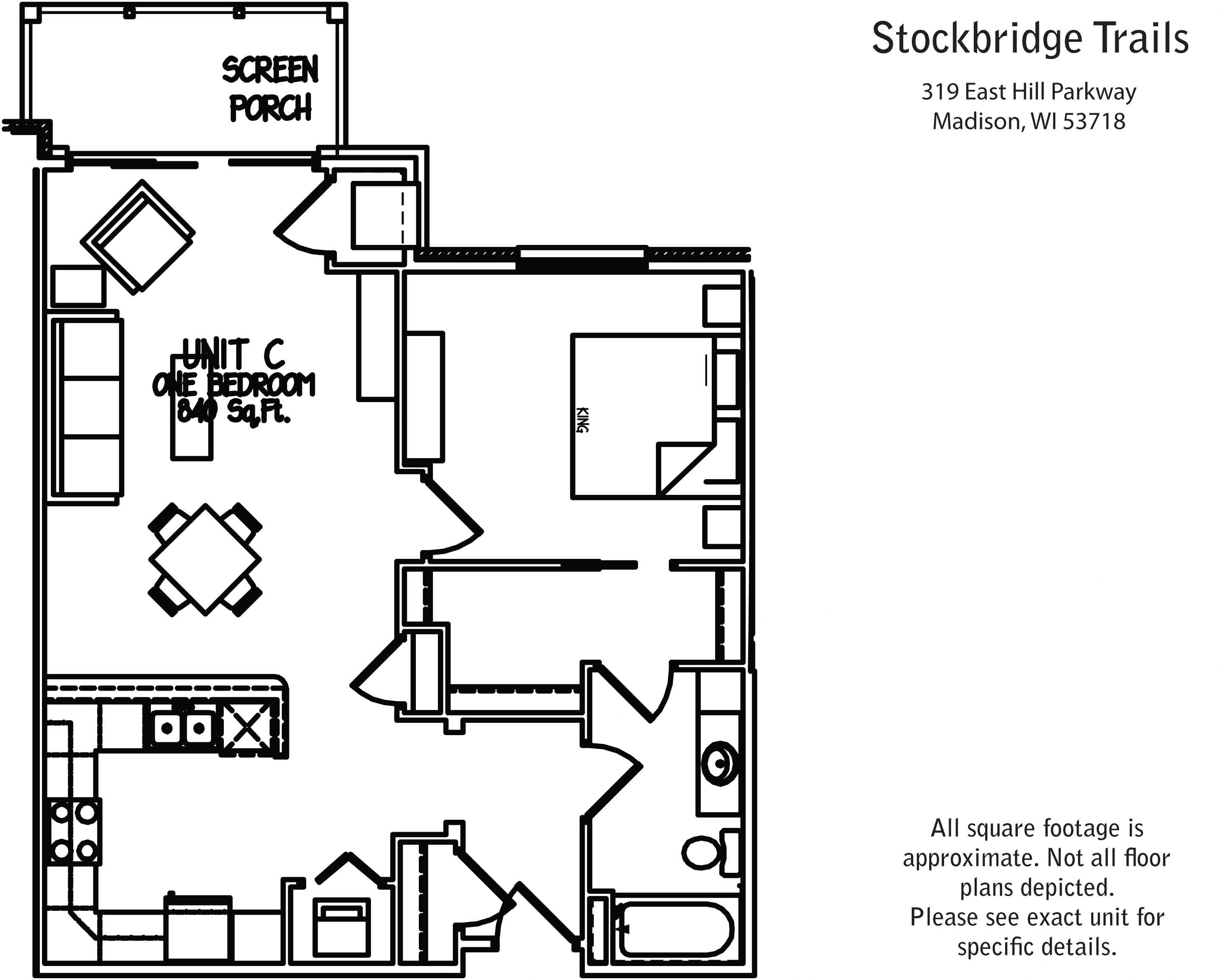 Floor plan for 1 bed, 1 bath, 840 sqft