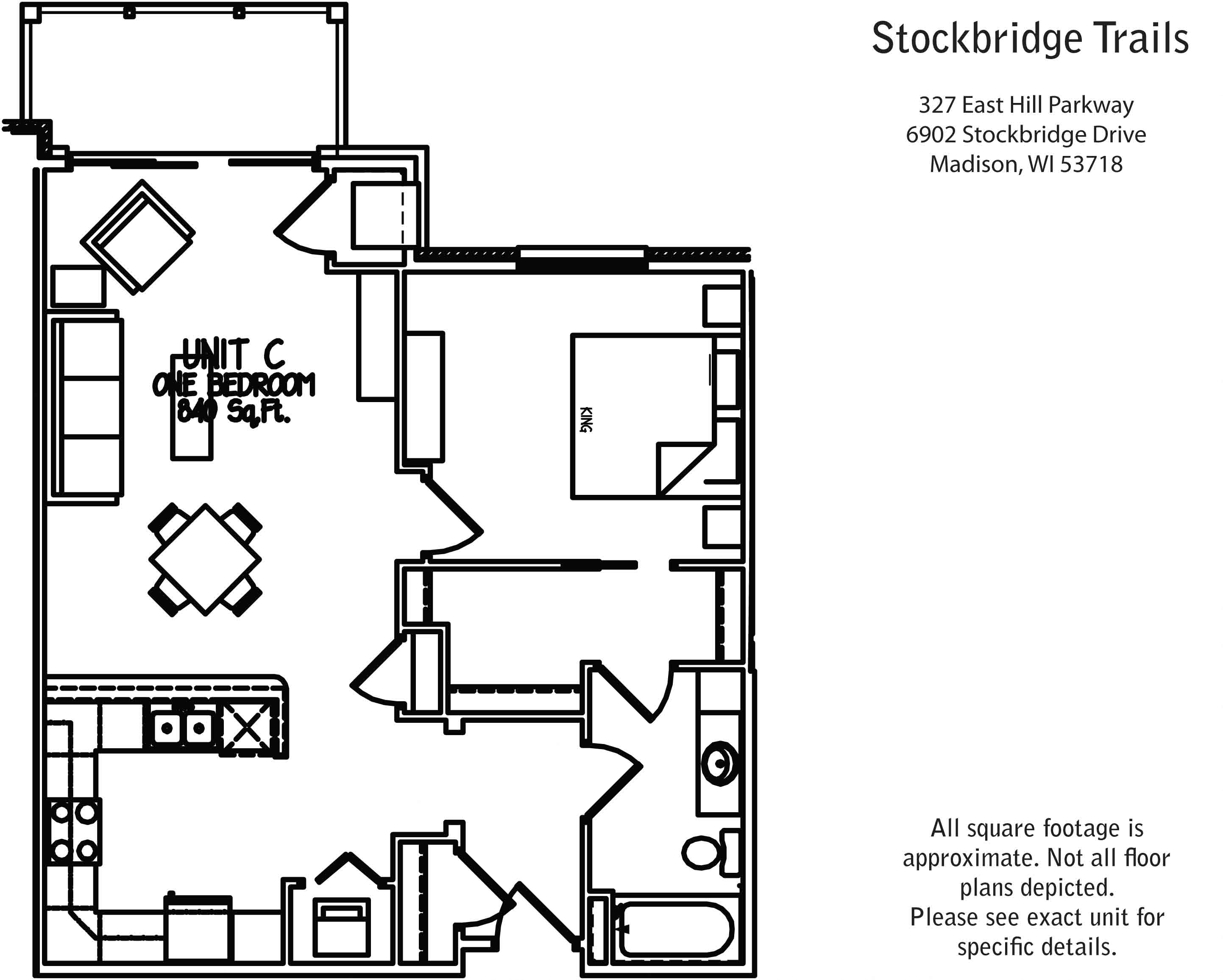 Floor plan for 1 bed, 1 bath, 840 sqft