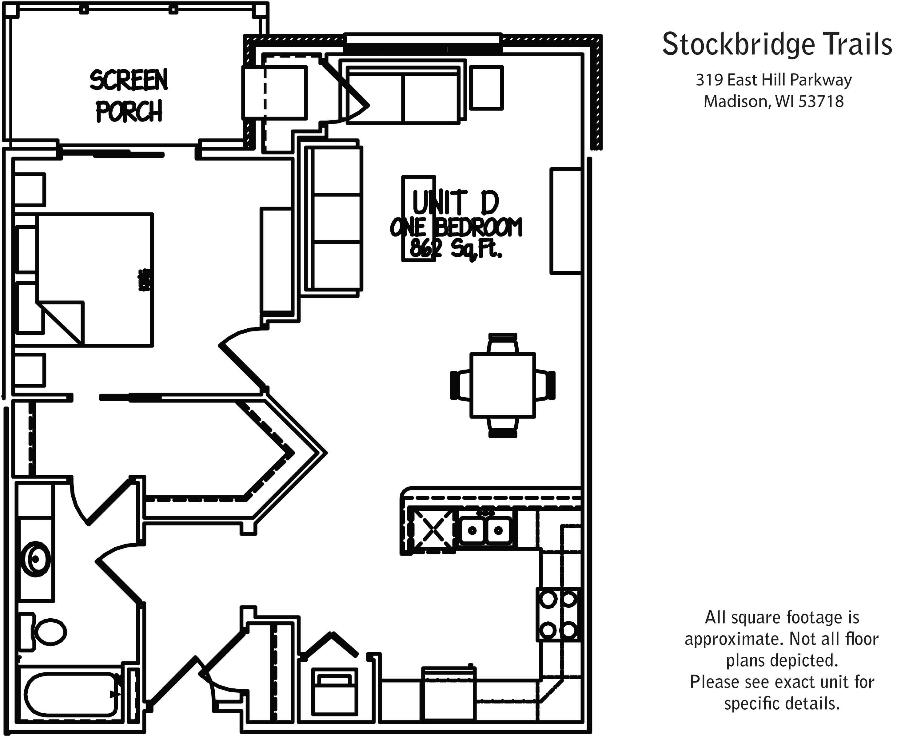 Floor plan for 1 bed, 1 bath, 862 sqft