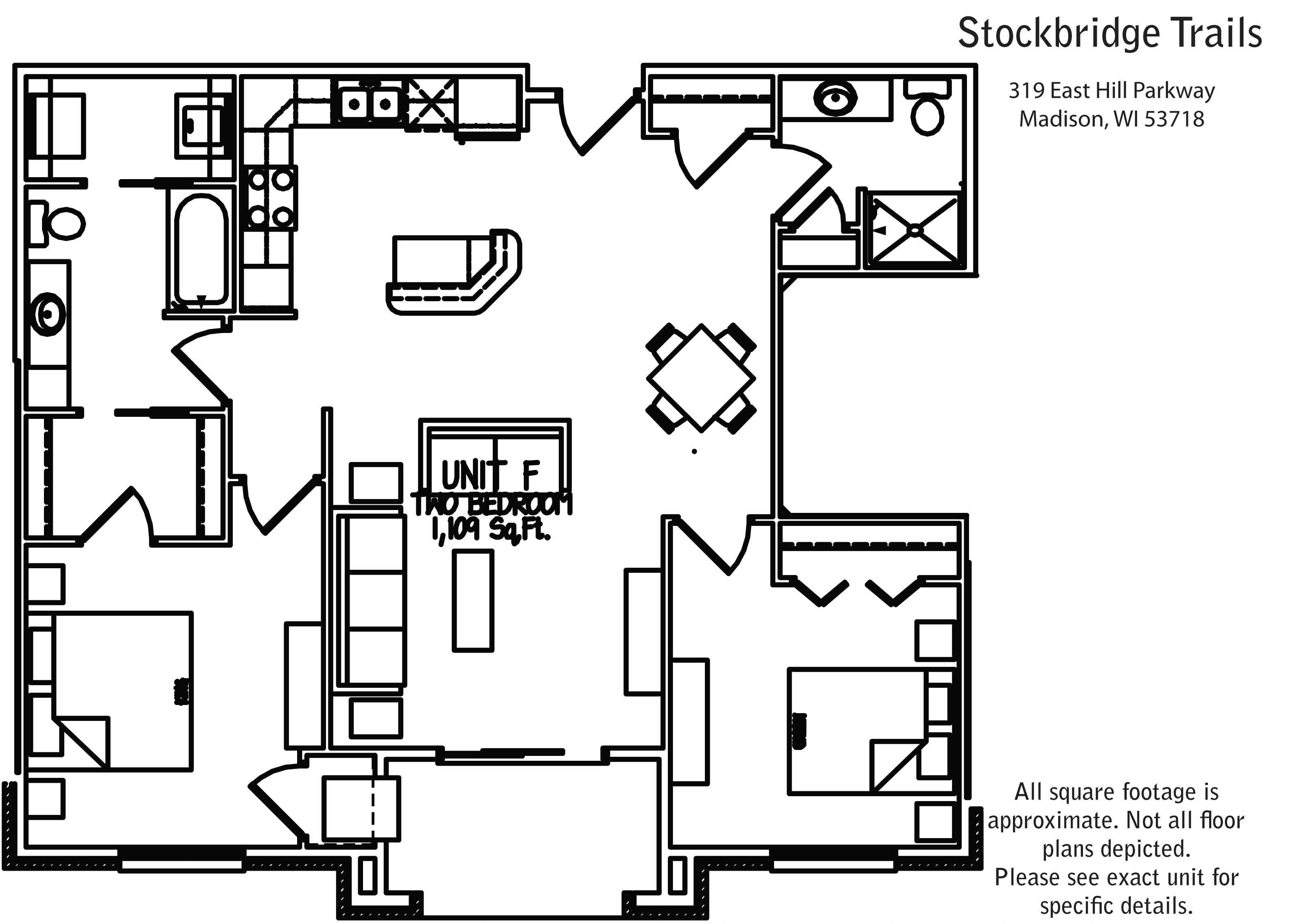 Floor plan for 2 beds, 2 baths, 1109 sqft