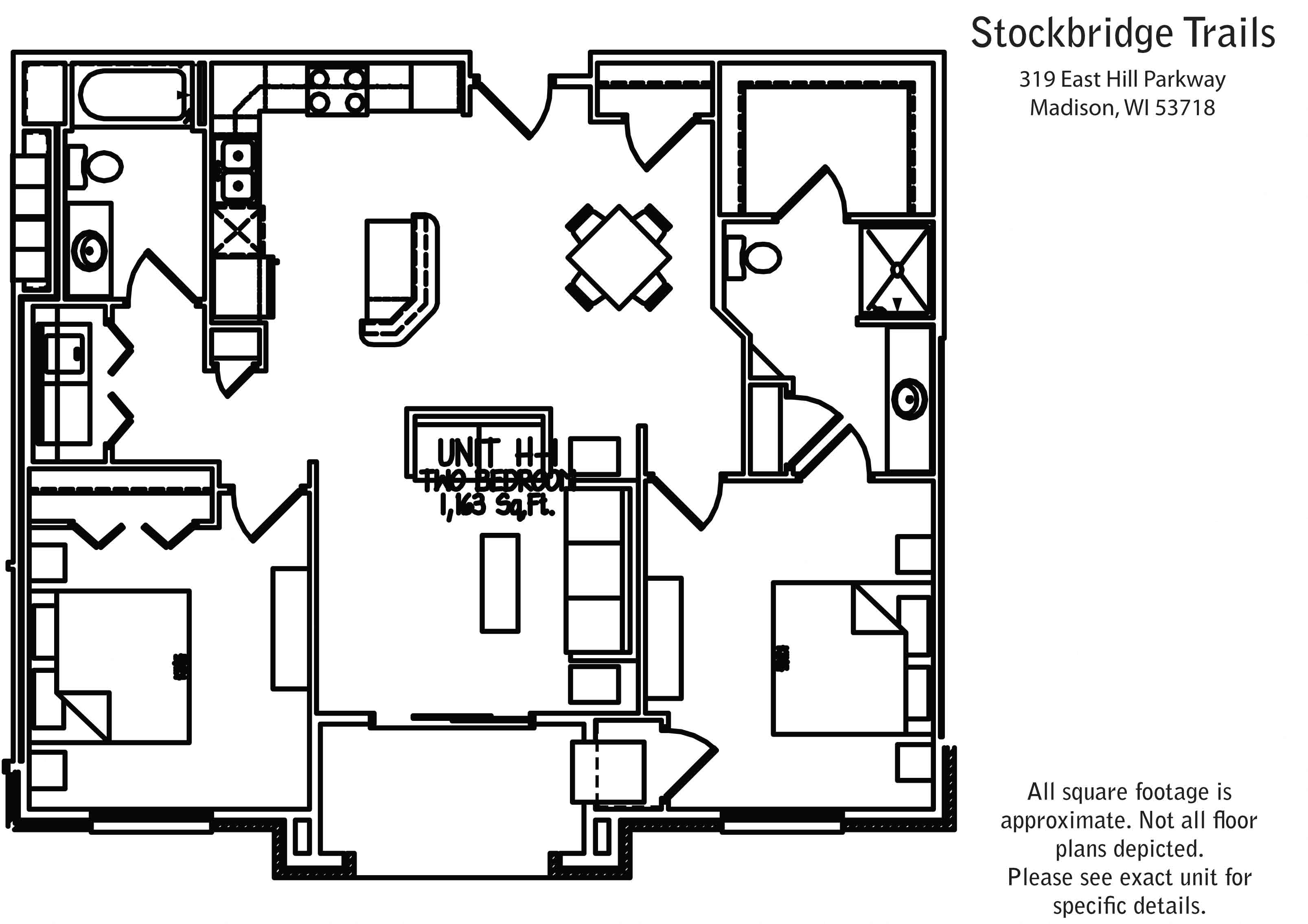 Floor plan for 2 beds, 2 baths, 1163 sqft