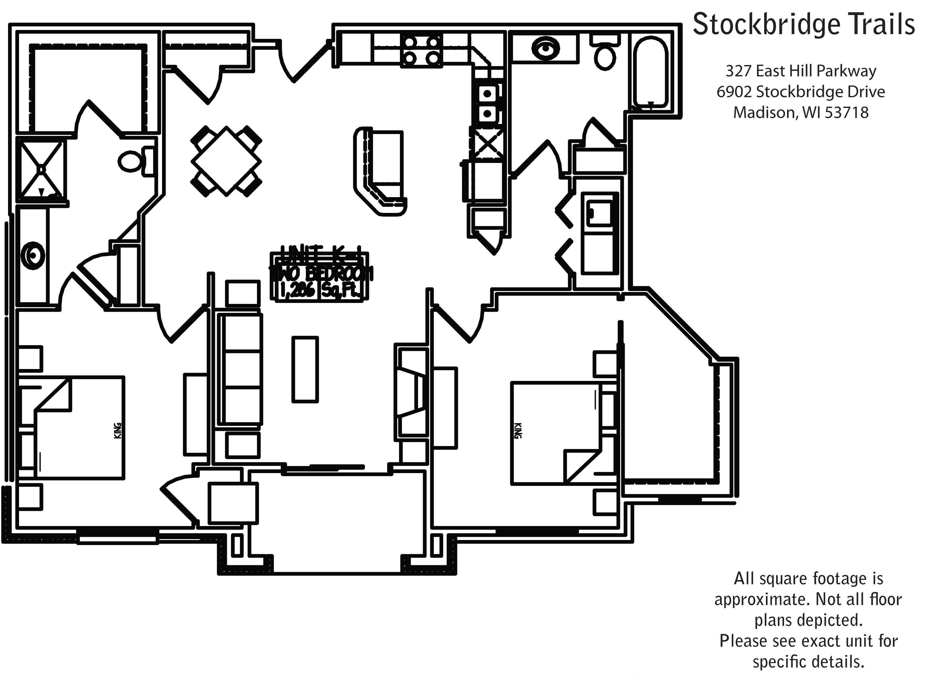 Floor plan for 2 beds, 2 baths, 1286 sqft