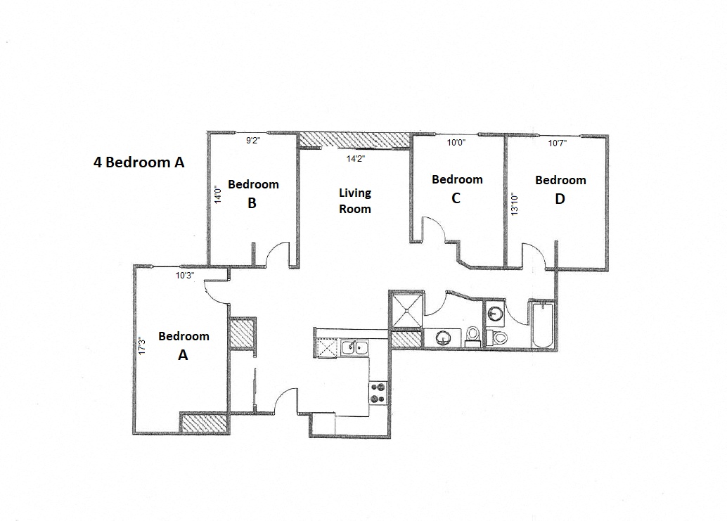 Floor plan for 4 beds, 2 baths, 1245 sqft