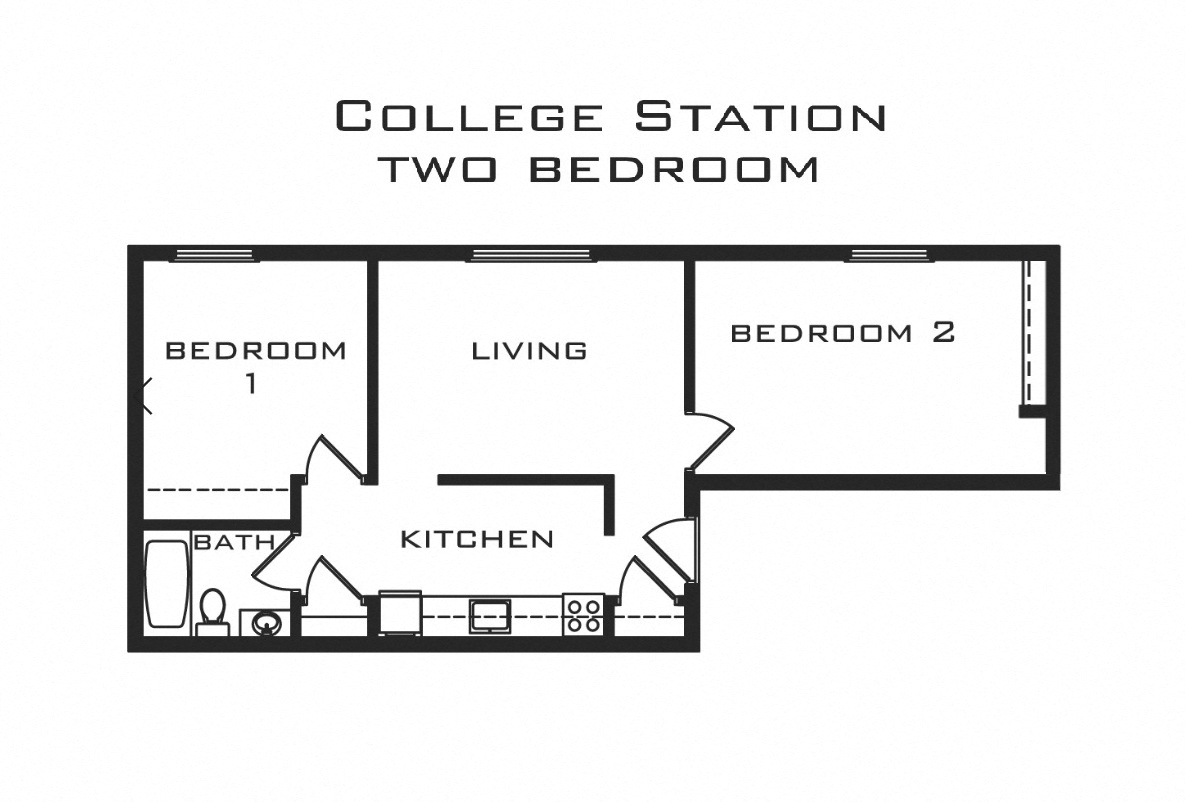 Floor plan for 2 beds, 1 bath, 735 sqft