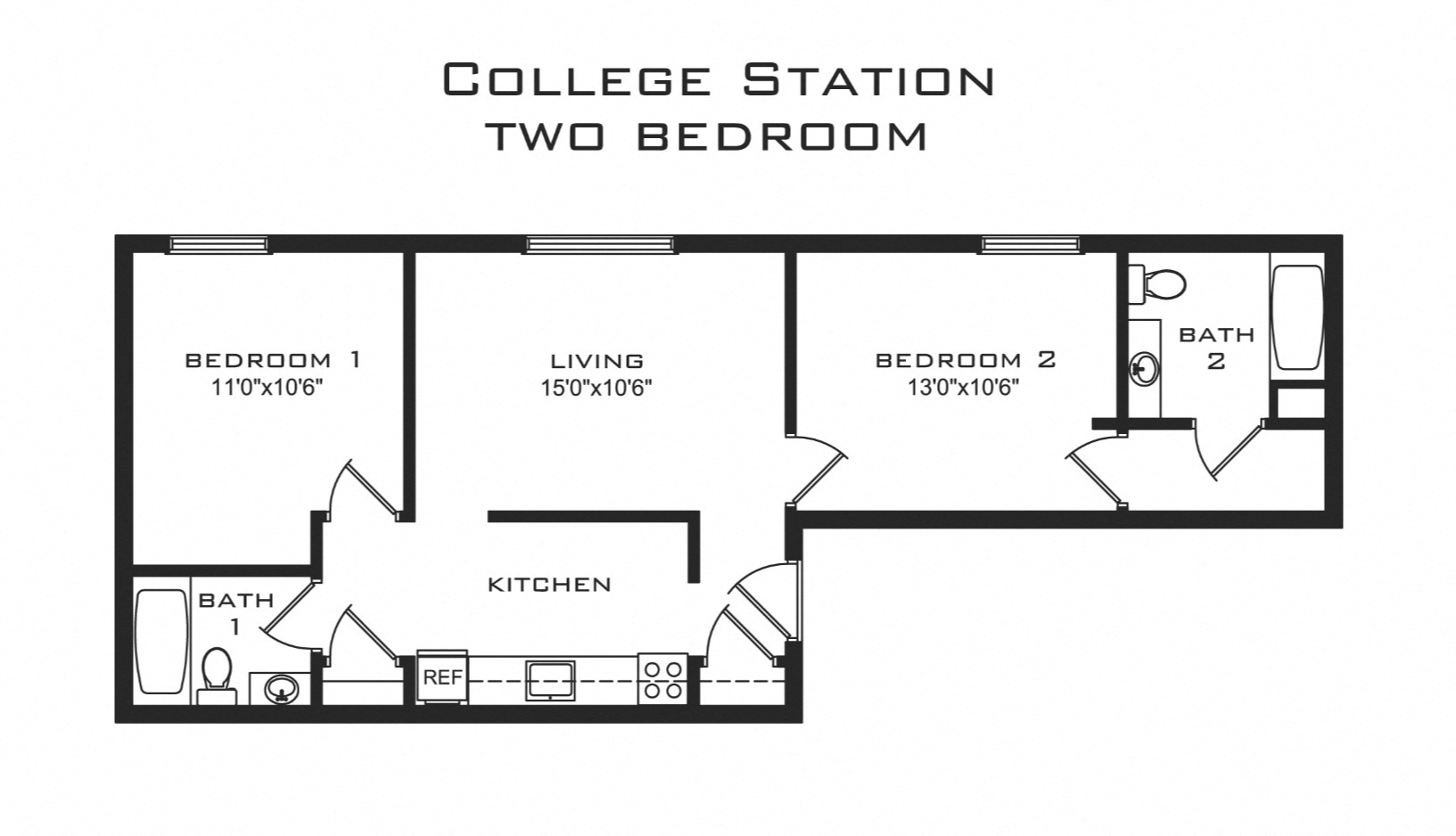 Floor plan for 2 beds, 2 baths, 735 sqft