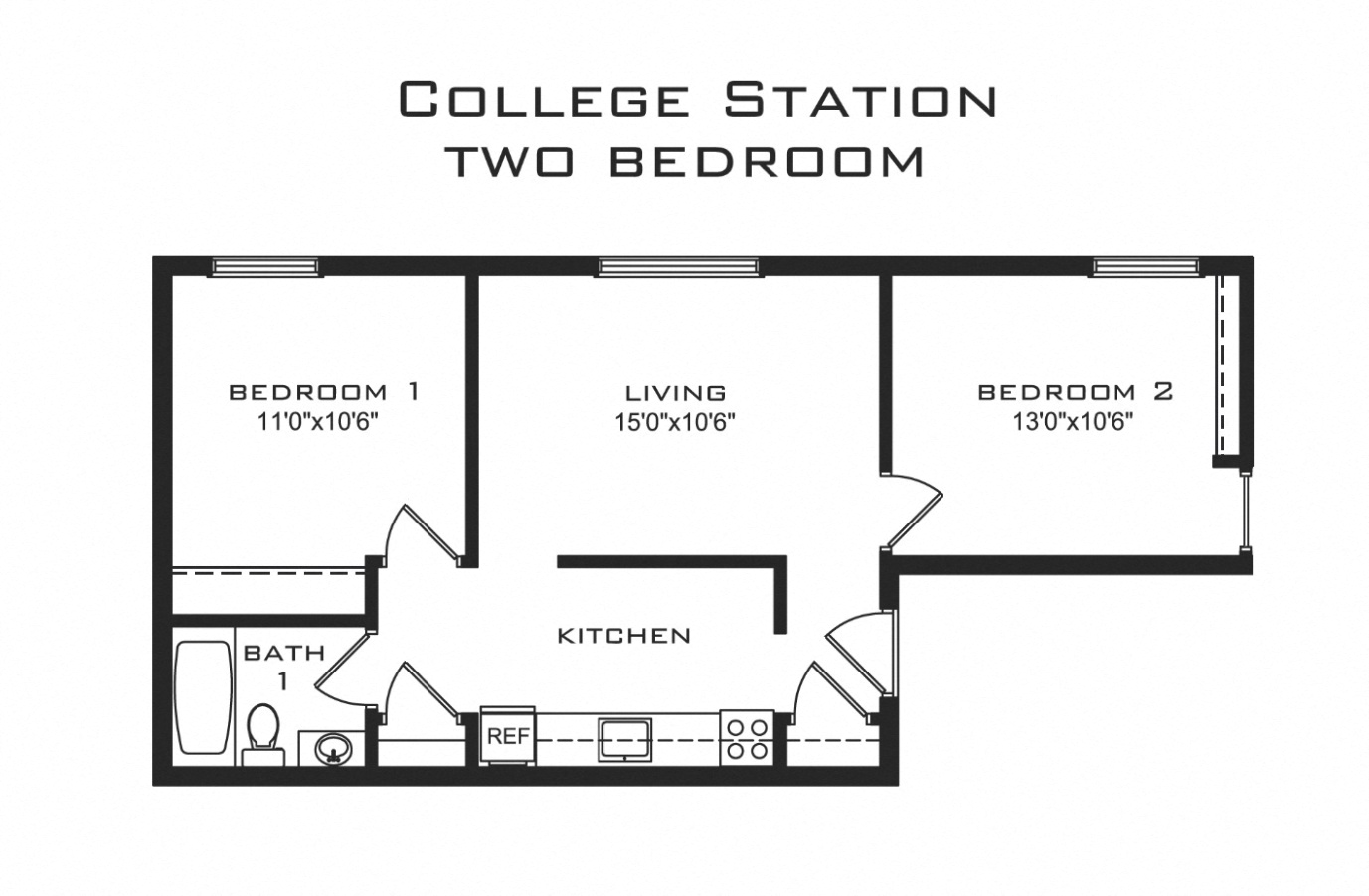 Floor plan for 2 beds, 1 bath, 715 sqft
