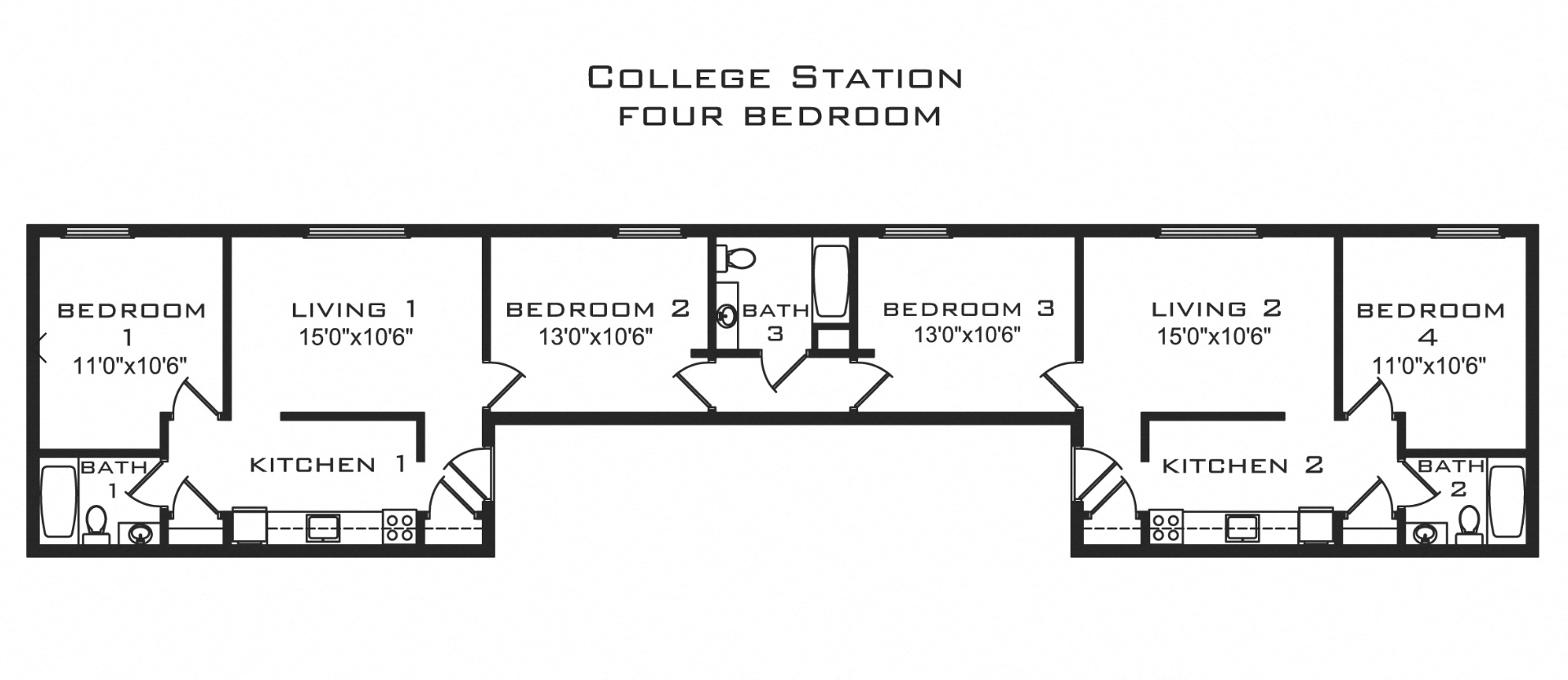 Floor plan for 4 beds, 3 baths, 1345 sqft