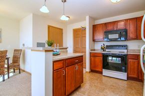 Madison apartment for rent - a kitchen with wooden cabinets and a counter top