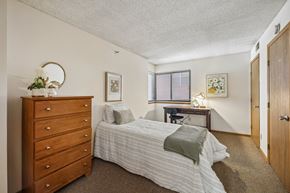 Madison apartment for rent - A bedroom with a bed, dresser, and desk.