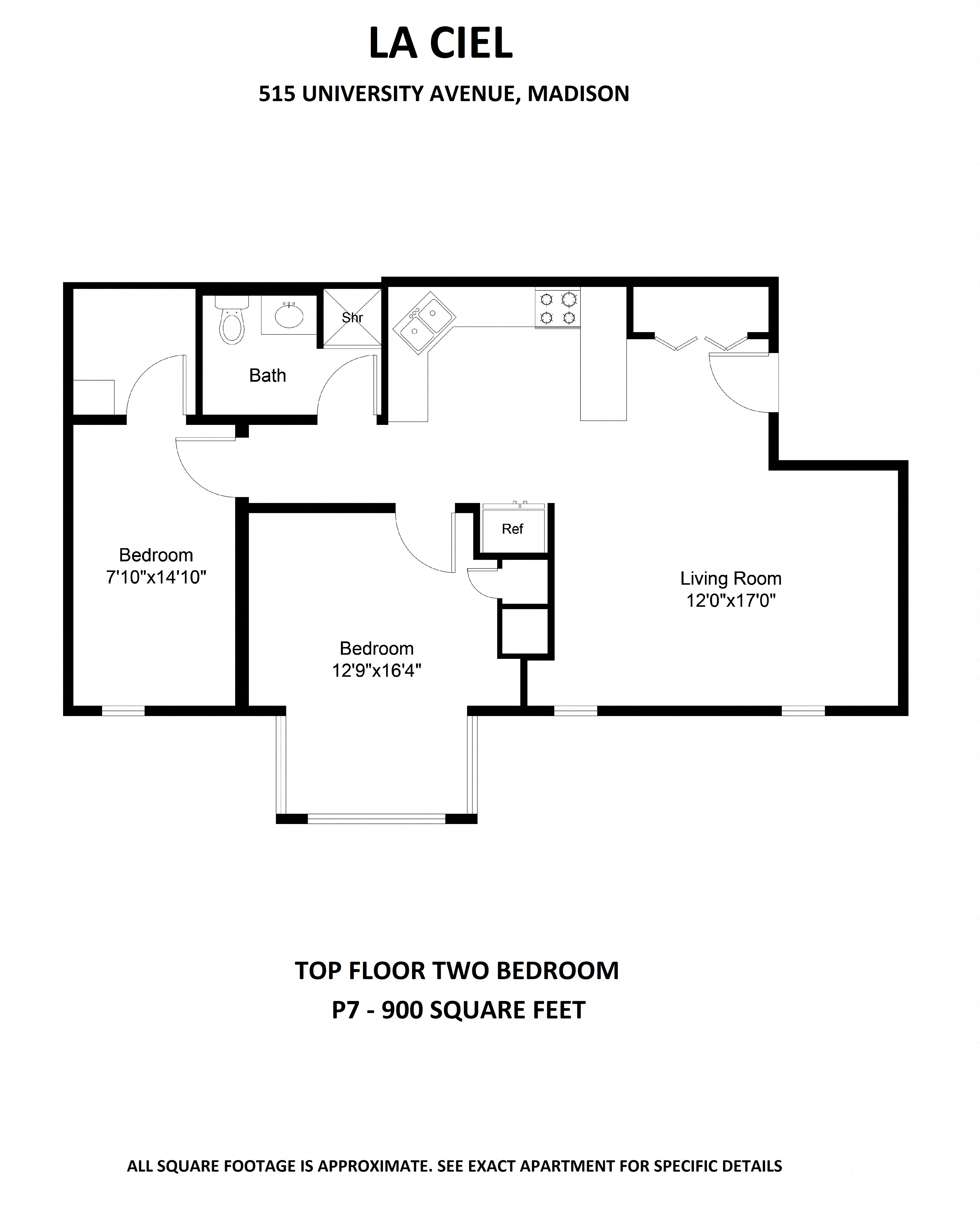 Floor plan for 2 beds, 1 bath, 900 sqft