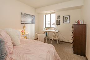 Madison apartment for rent - a bedroom with a bed and a desk and a window