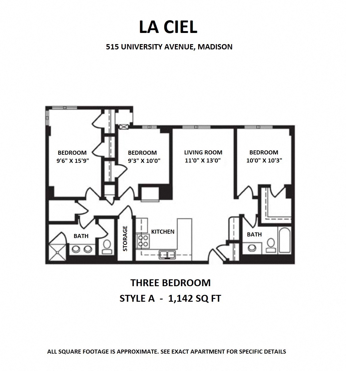 Floor plan for 3 beds, 2 baths, 1142 sqft