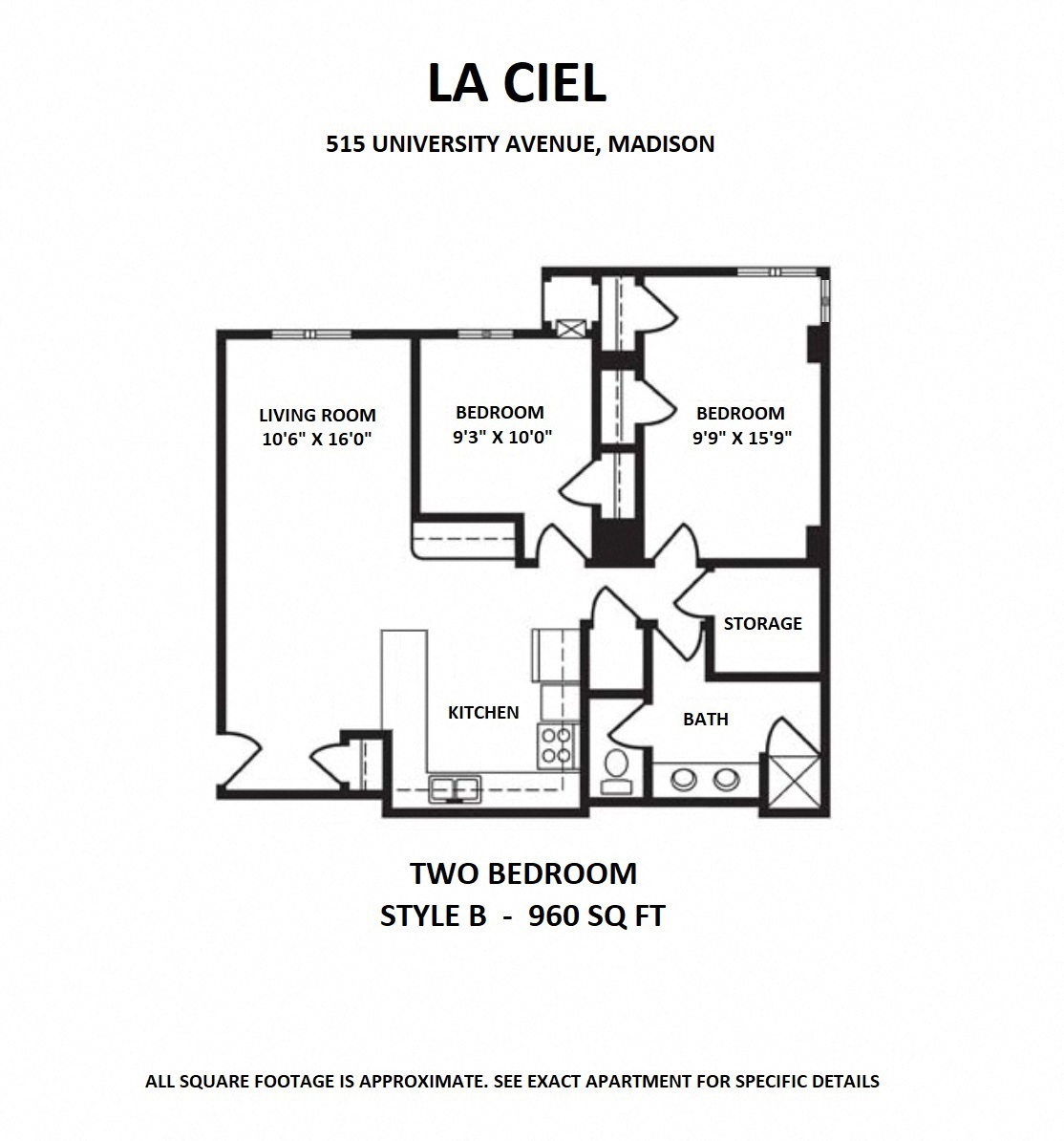 Floor plan for 2 beds, 1 bath, 960 sqft