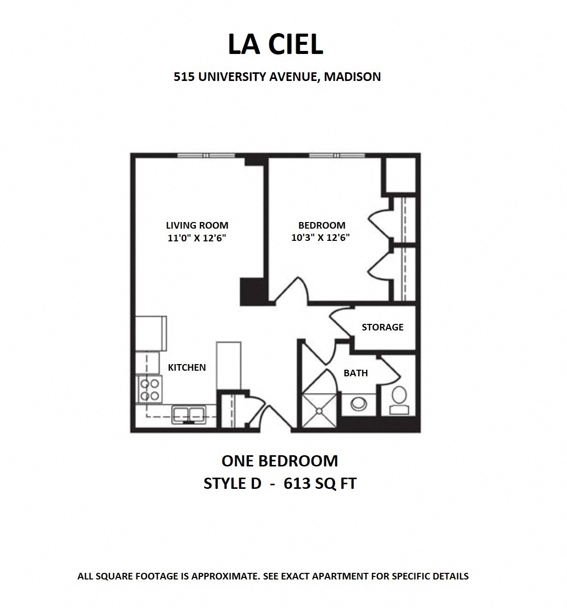 Floor plan for 1 bed, 1 bath, 613 sqft