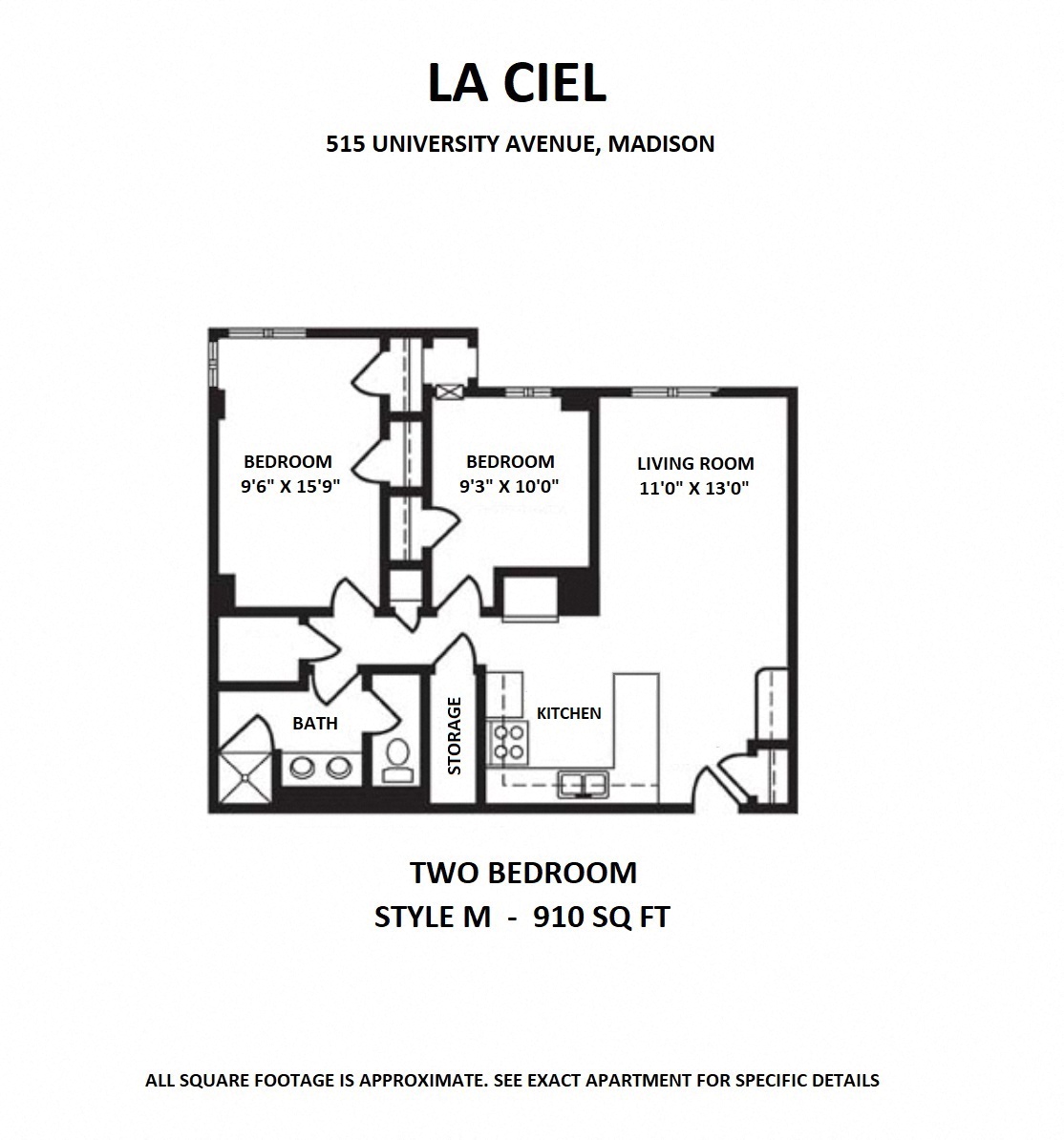 Floor plan for 2 beds, 1 bath, 910 sqft