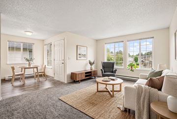 Fife apartment for rent - A living room with a grey carpet and a brown rug.