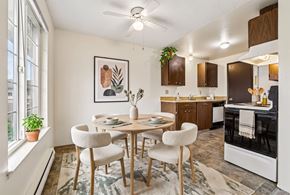 Fife apartment for rent - A kitchen with a table and chairs in the foreground and a plant on the windowsill.