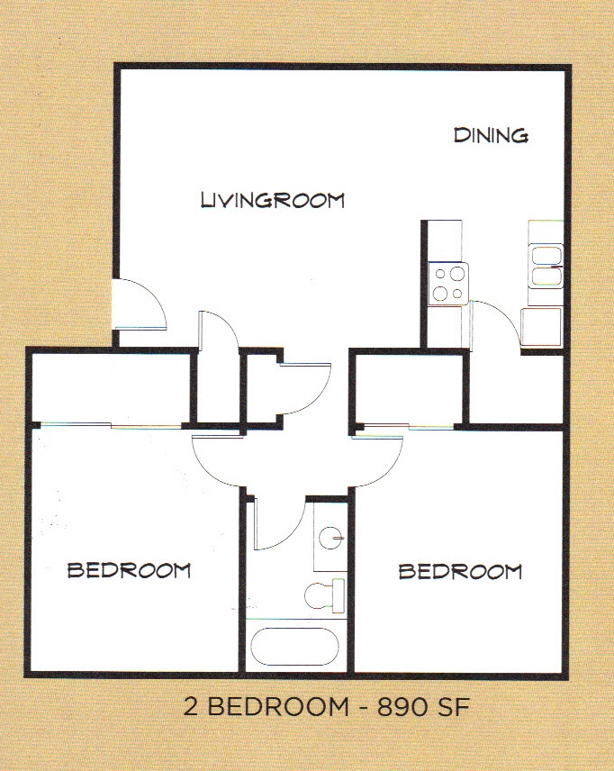 Floor plan for 2 beds, 1 bath, 890 sqft