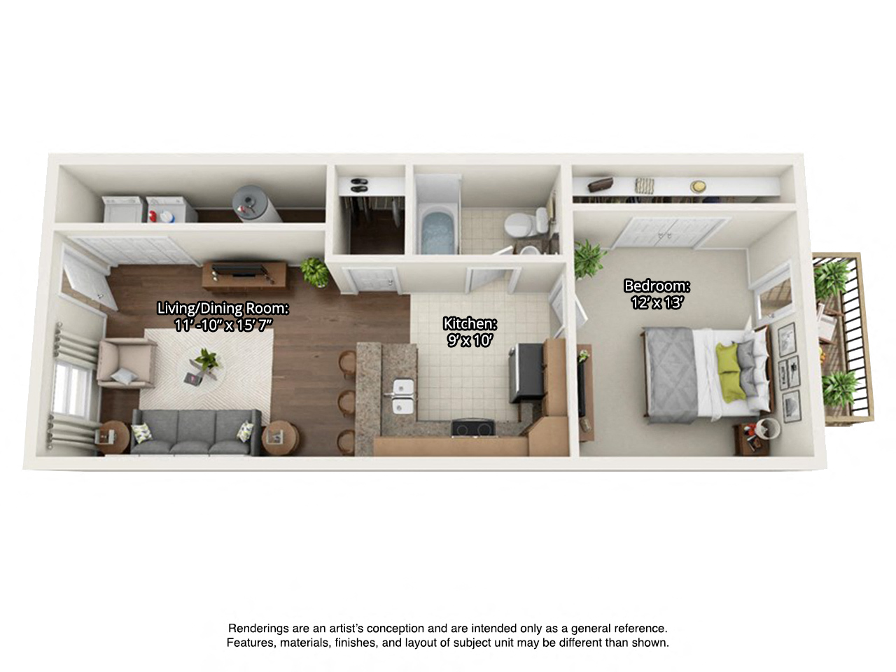 Floor plan for 1 bed, 1 bath, 640 sqft
