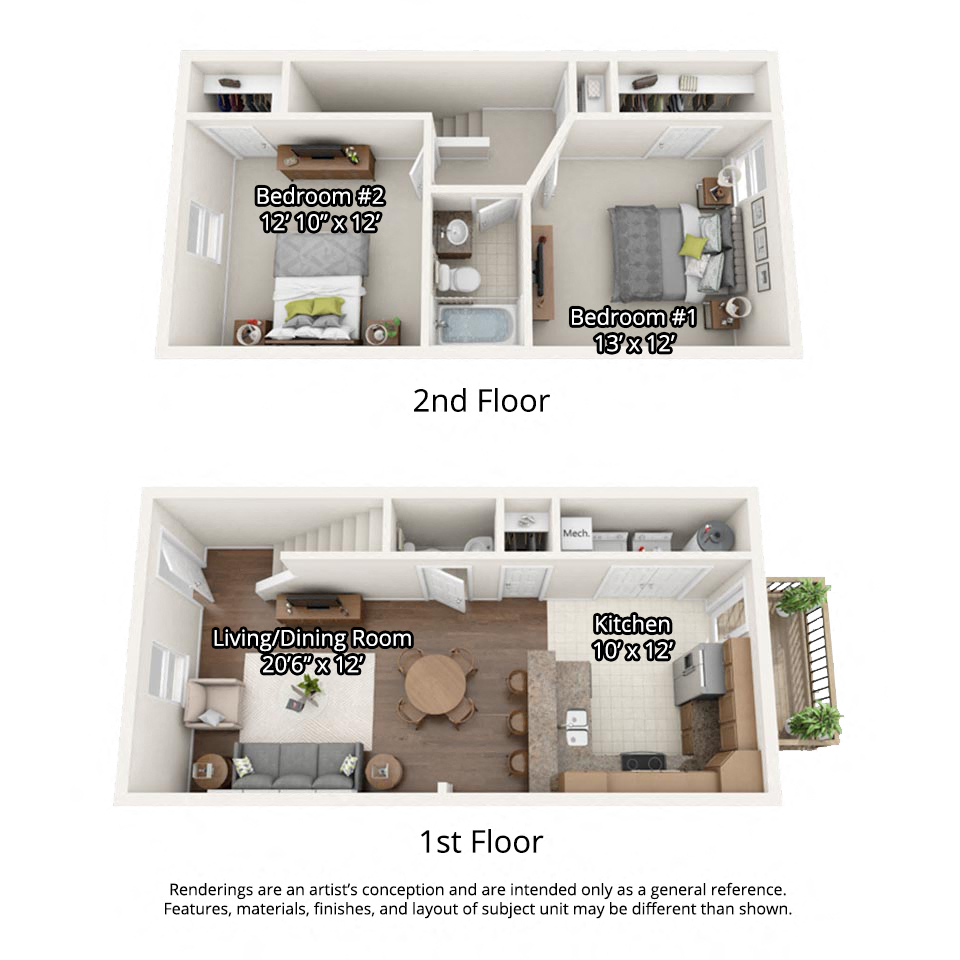 Floor plan for 2 beds, 1.5 baths, 1024 sqft