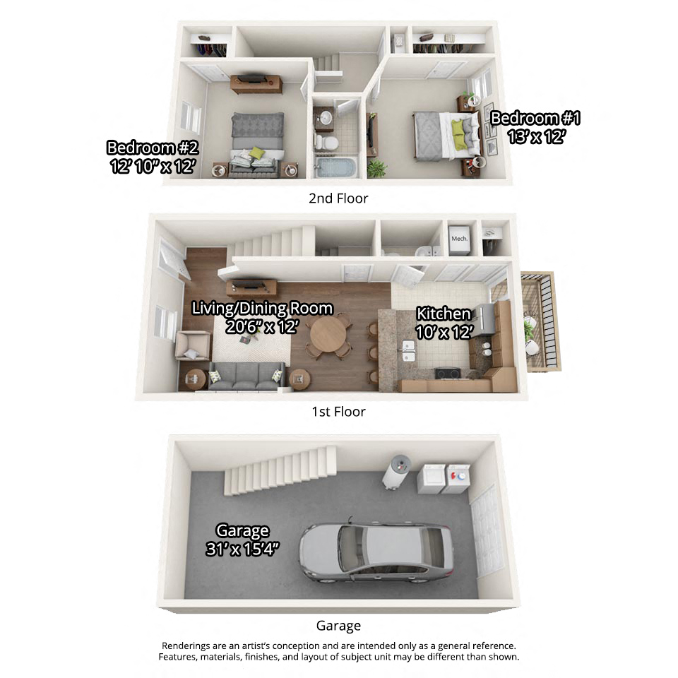 Floor plan for 2 beds, 1.5 baths, 1152 sqft