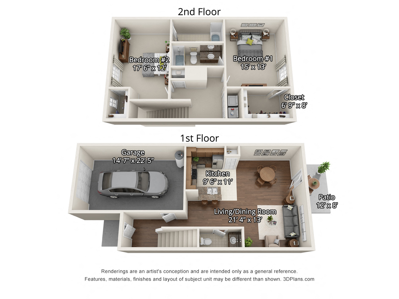 Floor plan for 2 beds, 2.5 baths, 1488 sqft