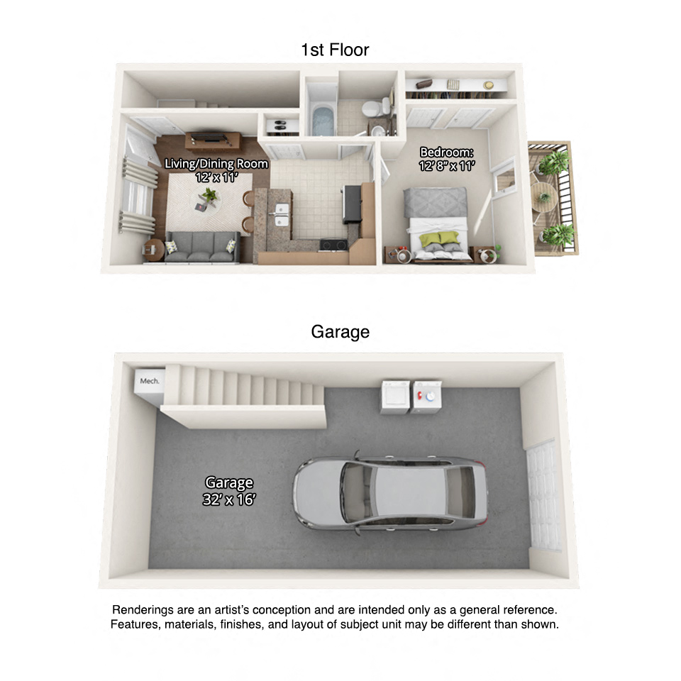 Floor plan for 1 bed, 1 bath, 576 sqft