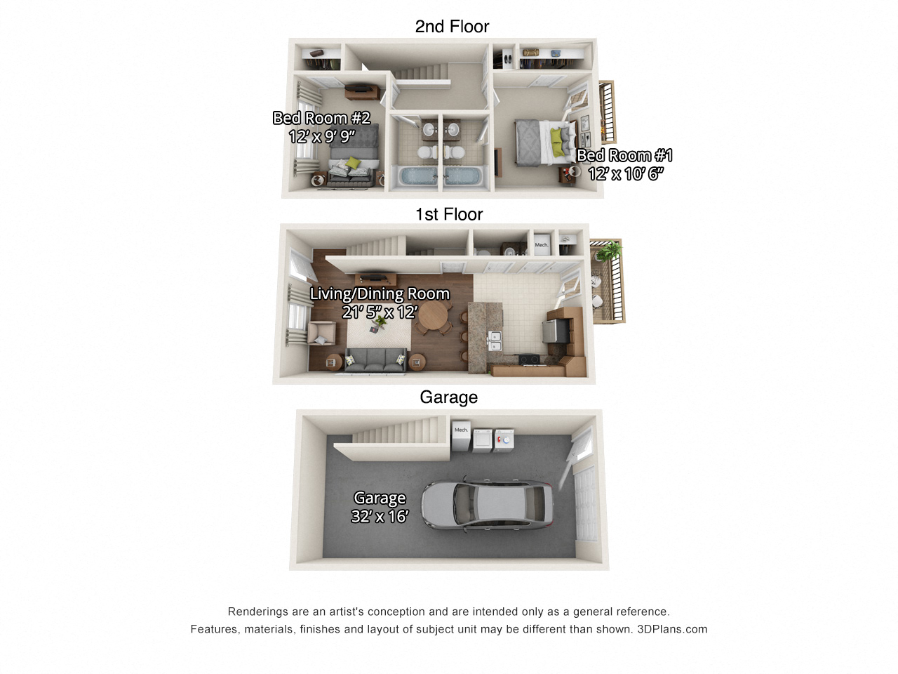 Floor plan for 2 beds, 2.5 baths, 1100 sqft