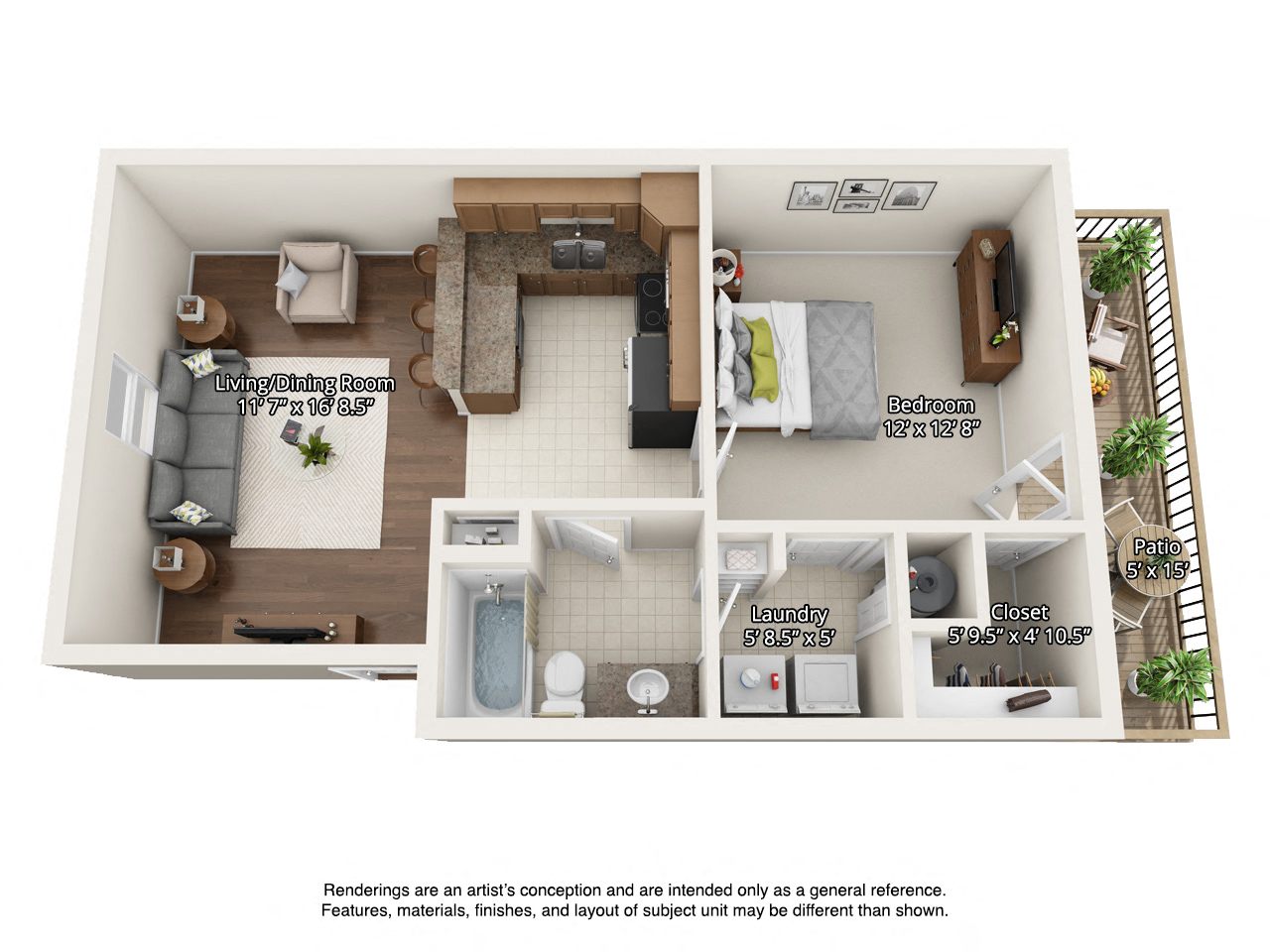 Floor plan for 1 bed, 1 bath, 680 sqft
