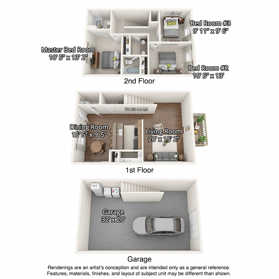 Floor plan for 3 beds, 2.5 baths, 1280 sqft