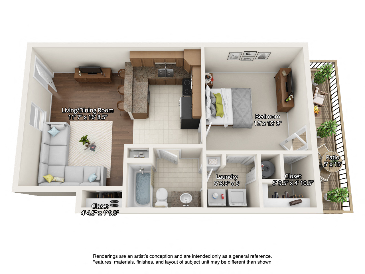 Floor plan for 1 bed, 1 bath, 680 sqft