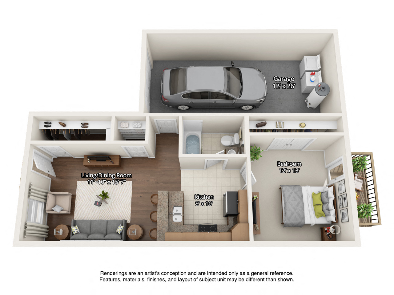 Floor plan for 1 bed, 1 bath, 640 sqft