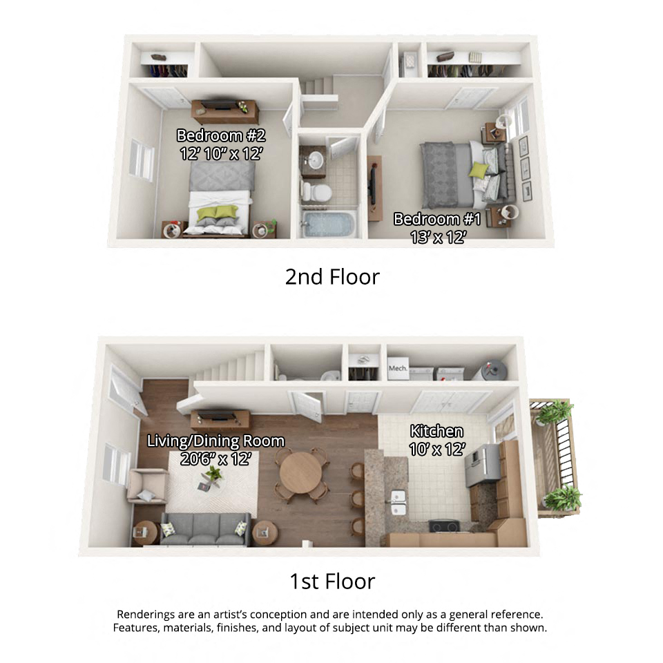 Floor plan for 2 beds, 1.5 baths, 1024 sqft