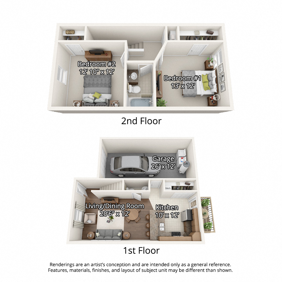 Floor plan for 2 beds, 1.5 baths, 1024 sqft