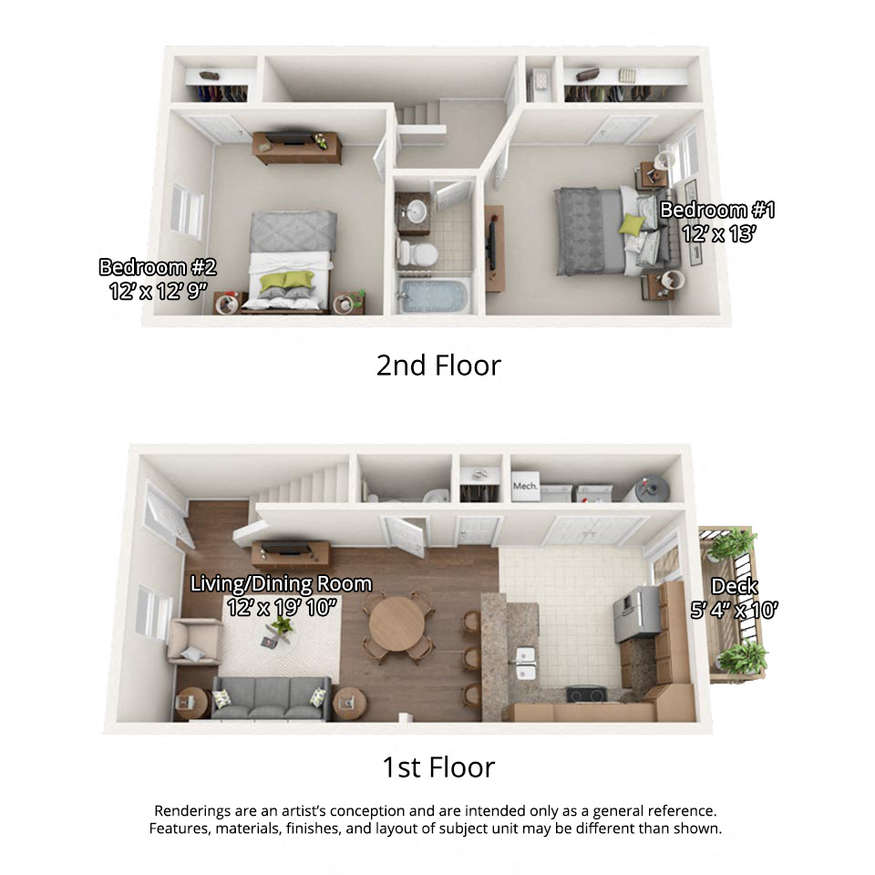 Floor plan for 2 beds, 1.5 baths, 1024 sqft