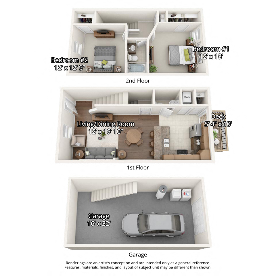 Floor plan for 2 beds, 1.5 baths, 1024 sqft