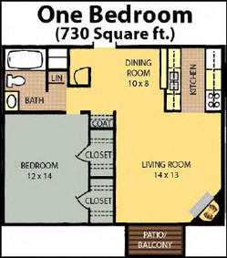 Floor plan for 1 bed, 1 bath, 730 sqft