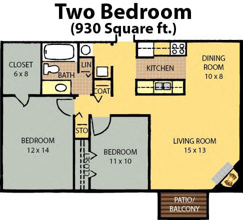 Floor plan for 2 beds, 1 bath, 930 sqft