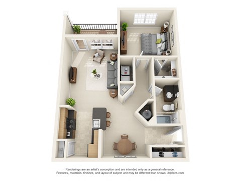 Floor plan for 1 bed, 1 bath, 837 sqft