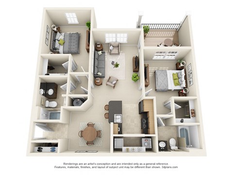Floor plan for 2 beds, 2 baths, 1050 sqft