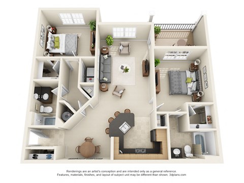 Floor plan for 2 beds, 2 baths, 1174 sqft