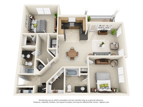 Floor plan for 2 beds, 2 baths, 1175 sqft