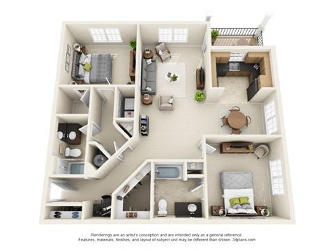 Floor plan for 2 beds, 2 baths, 1257 sqft