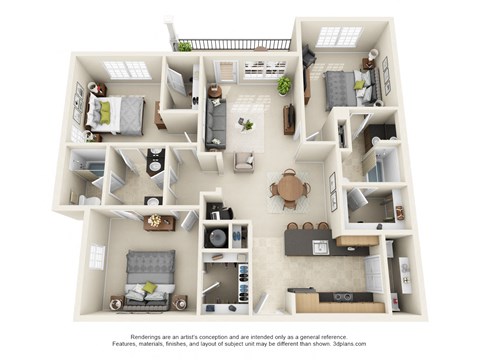 Floor plan for 3 beds, 2 baths, 1401 sqft