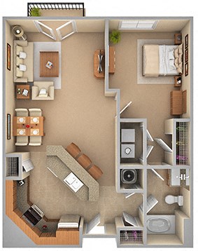 Floor plan for 1 bed, 1 bath, 892 sqft